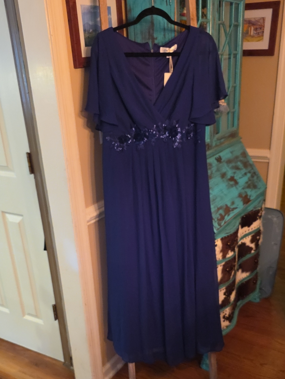Ever Pretty Royal Blue Flutter Sleeve Maxi Dress with Waist Embellishment